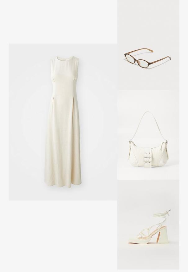 Rochie maxi fără mâneci, de culoare crem, realizată dintr-un material texturat, având un decolteu rotund și pliuri subtile în față.; Sandale albe cu toc înalt și gros, cu un design cu curele și legătură la gleznă. Textură netedă, cu o platformă frontală pentru înălțime suplimentară.; Ochelari în nuanță de țestoasă maro, cu lentile ovale, brațe subțiri și accente transparente. Prezintă un logo subtil pe tâmplă. Design elegant și ușor.; Geantă albă de umăr cu un finisaj texturat, un accent cu cataramă centrală și o formă curbată. Încărcătoare cu fermoar pe ambele laturi.