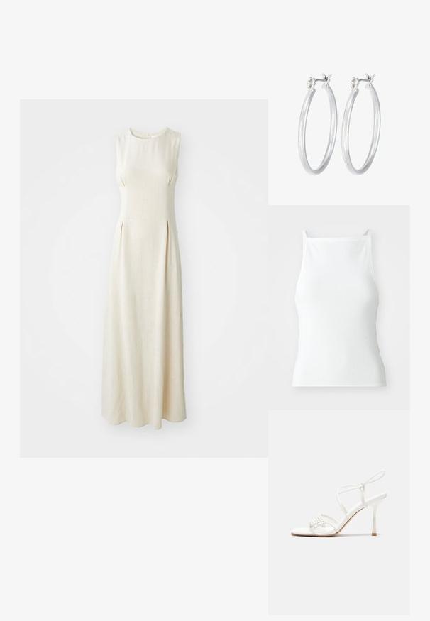 Bezramenné maxi šaty krémové barvy vyrobené z texturované látky, s kulatým výstřihem a jemnými plisovanými detaily na přední straně.; Bílý žebrovaný tílko s tenkými ramínky, které má přiléhavý střih a hladkou texturu. Látka se zdá být elastická a lehce strukturovaná.; Bílé sandály na vysokém podpatku s tenkým páskem kolem kotníku, plochou špičkou, texturovaným předním dílem s nařasenými detaily.; Stříbrné kruhové náušnice s hladkým, lesklým povrchem. Kulatý tvar a bezpečné zapínání na klip. Lehký design vhodný pro každodenní nošení.