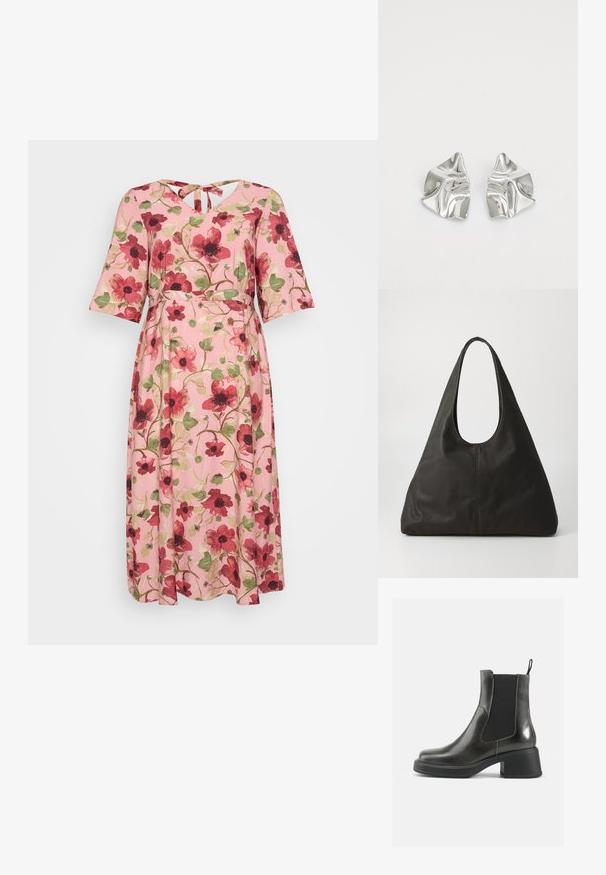 Vestido floral com um fundo rosa, apresentando padrões de flores vermelhas e verdes, mangas curtas de babados e um decote em V com um detalhe de laço nas costas.; Botas de tornozelo em couro negro com um acabamento liso, painéis laterais elásticos e um salto robusto. Apresentam uma alça na parte de trás para facilitar o calçar.; Saco de tote em couro preto com uma alça curva, forma triangular alongada e textura suave. Apresenta um design minimalista sem hardware visível.; Brincos de metal prateado com um design ondulante e escultural, apresentando um acabamento polido e formas irregulares, destacando uma estética contemporânea.