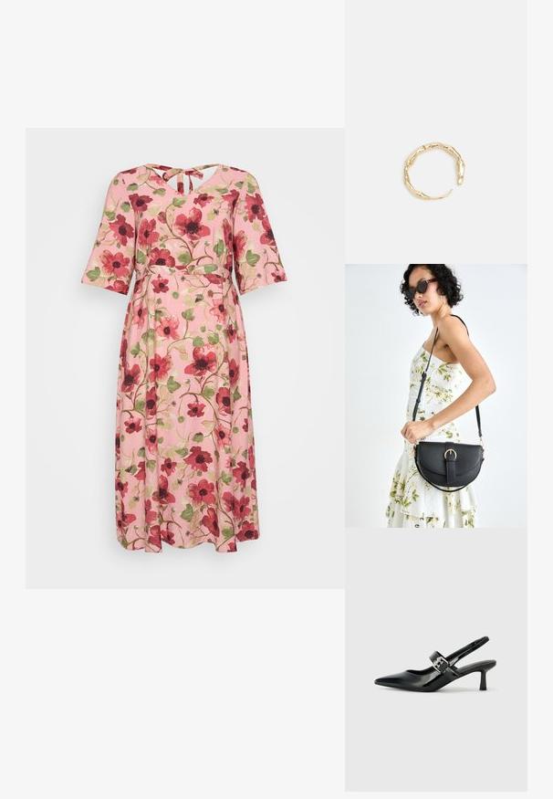 Blommig klänning med rosa bakgrund, prydd med röda och gröna blommönster, korta fladdrande ärmar och en V-ringning med en knytning i ryggen.; Svarta patentläder slingback-klackar med spetsig tå och en liten blockklack, med en silvrig spänneaccent på remmen.; Svart läderhandväska med en böjd form, avtagbar rem och guldiga detaljer. Väskan har ett lock med en spänndetalj.; Ring i guldutförande med en organisk, vriden design, slät yta och avsmalnande ändar, vilket ger ett modernt, skulpturalt utseende.