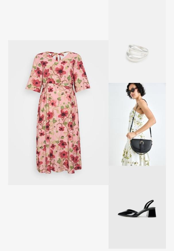 Abito floreale con sfondo rosa, caratterizzato da motivi di fiori rossi e verdi, maniche a sbuffo corte e scollatura a V con un dettaglio da annodare sul retro.; Décolleté in vernice nera con punta affusolata e tacco in geometria cubica. Presentano un design elegante e minimalista, con una texture liscia.; Borsa a tracolla nera in pelle con una forma curva, manico rimovibile e accessori dorati. La borsa presenta una patta con un dettaglio a fibbia.; Anello doppio in argento con superficie liscia e lucida. Presenta un design fluido e curvo con sezioni sovrapposte per un aspetto moderno.