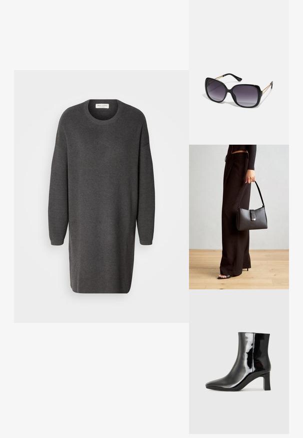 Σκούρο γκρι πλεκτό φόρεμα με στρογγυλή λαιμόκοψη, μακριά μανίκια και χαλαρή εφαρμογή. Υφασμάτινη υφή με ραφή ριπ στα μανίκια και τη λαιμόκοψη.; Μαύρη πατενταρισμένη δερμάτινη μπότες αστραγάλου με μυτερή μύτη και μεσαίο τετράγωνο τακούνι. Λείος υφή και μινιμαλιστικός σχεδιασμός.; Μαύρα υπερμεγέθη γυαλιά ηλίου με κλειστή βαθμίδα φακού, παχιά σκελέτη και λεπτομέρειες από χρυσή αλυσίδα στις βραχίονες του σκελετού.; Μαύρη τσάντα χειρός με δομημένο σχήμα, λεία υφή και μεταλλικό κούμπωμα. Συνδυασμένη με φαρδιά μαύρα παντελόνια και σανδάλια ανοιχτής μύτης πάνω σε ξύλινο πάτωμα.