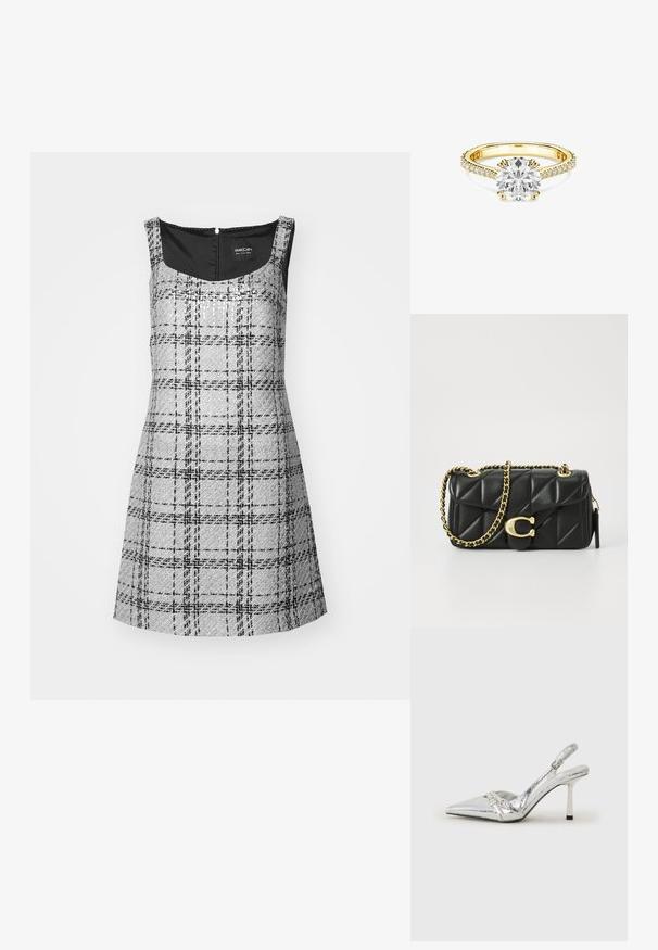 Rochie gri în carouri, cu decolteu pătrat, fără mâneci și fermoar la spate. Prezintă un material texturat cu accente negre.; Pantofii cu toc înalt, argintii, cu vârf ascuțit, finisaj metallic, două curele decorative și un toc subțire cu vârful negru.; Poșeta neagră din piele matlasată cu o curea din lanț auriu și un închizător cu toggle care are un accent circular. Formă compactă și rectangulară.; Inel de aur cu o mare piatră centrală rotundă din diamant, înconjurată de diamante mai mici pe bandă. Bandă netedă cu prindere delicată.