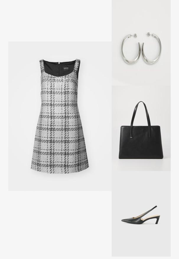 Hallide ruuduline kleit ruudukujulise kaelusega, ilma varrukateta disain ja selja tõmblukk. Omab tekstuuriga kangast mustade aksessuaaridega.; Must mustaga, terav varvas, madala kontsaga sildiga king, mis on valmistatud siledast nahast ja mille küljel on lõike disain hingavuse tagamiseks.; Must must nahkabaab, millel on kaks pikka sangad, ristkülikukujuline kuju, tekstureeritud pind ja minimalistlik disain. Ilma nähtava riistvarata või aktsentideta.; Hõbe rõngas kõrvarõngad, millel on sujuv ja kõver kuju. Omab läikivat metallist viimistlust ja nupuga sulgemist. Pole nähtavaid mustreid ega aksessuaare.