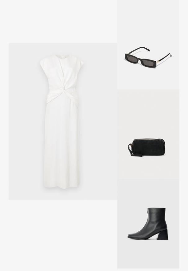 Bela, brezrokavna obleka z visokim ovratnikom in zavitim sprednjim delom. Dolga, ravna silhueta z gladko teksturo. Zadrga na hrbtu.; Črne usnjene gležnjarice s kvadratnim nosom, stranskim zadrgo in blok peto na enostavni svetli podlagi.; Črne pravokotne sončne očala s temnimi lečami, sijajnim plastičnim okvirjem in zlatimi poudarki na ušesnih delu. Minimalistična zasnova in eleganten oblik.; Črna semiš torbica z zadrgo in odstranljivim zapestnim trakom. Ima zlate kovinske dodatke in gladko, mat površino.