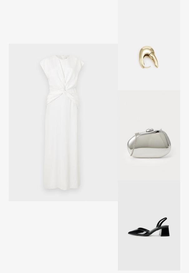 Balta be rankovių suknelė su aukštu apykaklės pjūviu ir susukti priekyje. Ilgas, tiesus siluetas su lygiu tekstūru. Uždarymas užtrauktuku gale.; Juodos lakuotos odinės šlepetės su smailiu pirštu ir geometriniu bloko kulnu. Turi elegantišką, minimalistinį dizainą ir lygų paviršių.; Sidabrinė metalinė rankinė su apvalia, lygia forma. Yra užsegimo sistema ir nuimama grandinėlė. Atsispindintis paviršius be raštų.; Aukso tono metalinės auskarai su stilingu, kreiviu dizainu. Išsiskiria ryškiu smailiu pavidalu, poliruota paviršiumi ir užsegimu su vyriu.