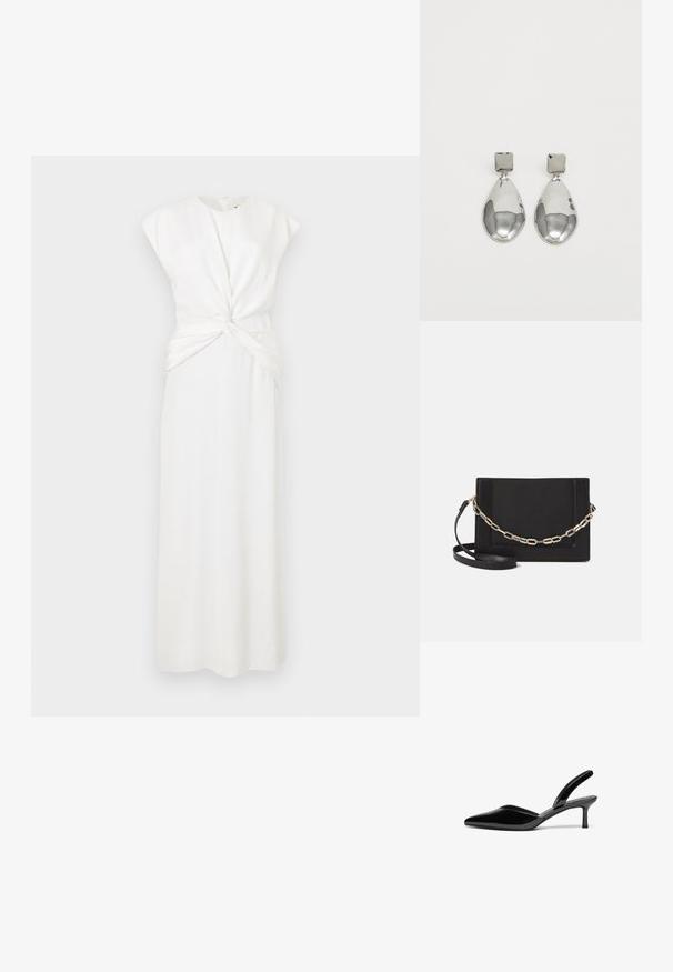 Valge, varrukateta kleit kõrge kaelusega ja keeratud esiküljega. Pikk, sirge siluett ning sile tekstuur. Tagasi tõmblukuga sulgemine.; Mustad nahast slingback kontsad terava ninaga, madala stilettokontsa ja sõbraliku, lihtsa kujundusega ilma dekoratsioonideta.; Mustast nahast õlakott, mis omab siledat tekstuuri, ristküliku kuju ning esiküljel metallketi detaili. Reguleeritav rihm on kaasas.; Hõbedased ripatsid, millel on ruudukujuline studs, siledat ja poleeritud viimistlust ning pisarakuju, peegeldades valgust läikiva pinnaga.