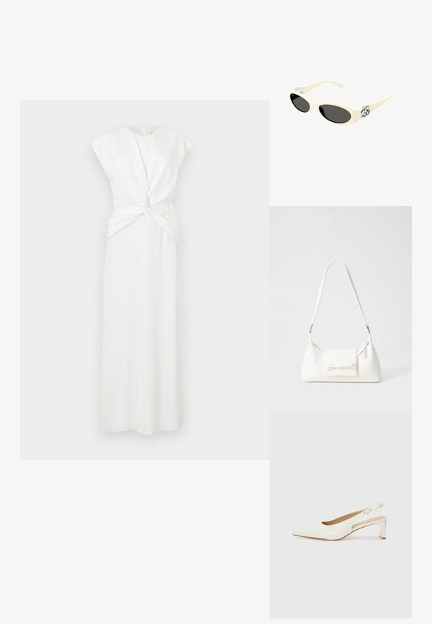 Balts bez piedurknēm kleita ar augstu kakla izgriezumu un savīti priekšpusi. Gara, taisna silueta ar gludu tekstūru. Aizmugurējā daļa ar rāvējslēdzēju.; Balta patent ādas sandale ar norādītu purngalu un zemu blokus papēdi. Satur smalku siksniņu ar zelta krāsas sprādzi.; Kremkrāsas sauļošanās brilles ar ovālām lēcām, melnu tonējumu un metāla logotipa akcentiem pie tempļiem. Gluda tekstūra, kaķa acs dizains.; Balta sintētiska soma ar trīsstūrveida formu, plakanu priekšējo vāciņu un loku detaļu, regulējamu siksnu, gludu tekstūru un minimālistisku dizainu.