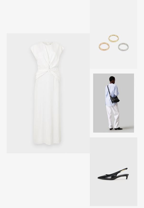 Rochie albă, fără mâneci, cu un decolteu înalt și un design frontal răsucit. Siluetă lungă, dreaptă, cu textură netedă. Închidere cu fermoar la spate.; Sandale slingback din piele neagră cu vârf ascuțit, având un toc subțire și un accent de culoare aurie pe curea ajustabilă. Textură netedă.; Geantă de umăr din piele neagră cu o textură moale, formă triunghiulară și curea ajustabilă, asortată cu o bluză cu dungi albastre deschise și pantaloni albi.; Trei inele din metal: unul roz aurie, unul auriu cu accente texturate și unul argintiu, toate cu branding gravat pe banda interioară.