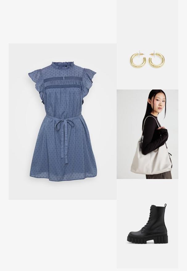 Mėlyna trumpomis rankovėmis suknelė su volangų akcentais, tekstūruotas audinys, turintis mažų taškelių, su suspaustu liemeniu ir juosta, kurią galima surišti.; Juodos odinės kulkšnės botai su masyviu, dantytu padu, raištelių užsegimu priekyje ir kilpeliu ant sklandaus balto fono.; Bežinė rankinė, pagaminta iš minkštos medžiagos, turinti laisvą dizainą, siuvinėtas detalės ir dvi petnešos. Tinkama kasdieniam naudojimui.; Aukso auskarai su lygiu, blizgiu paviršiumi. Apvalus dizainas su maža užrakto dalimi ir skaidria atrama saugiam nešiojimui.