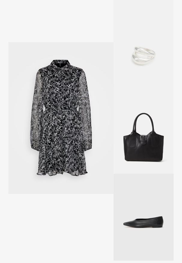 Must have lilleline lille mustrite ja suursugust värvust, mis rõhutab rikkaid lilli ja elegantset disaini.; Musthave mustris balletkingad, terav nina, minimaliseeritud disain, sile pind, madal konts, ilma nähtava riistvara või kaunistusteta.; Mustgamma nahast kott, millel on sile tekstuur, struktureeritud kuju, kaks käepidet ja esiküljel silmapaistev hõbedane pandla detail.; Hõbedane kahekordne rõngas sujuva, poleeritud pinnaga. Omab voolavat, kõverat disaini, millel on kattuvad sektsioonid, et saavutada kaasaegne ilme.