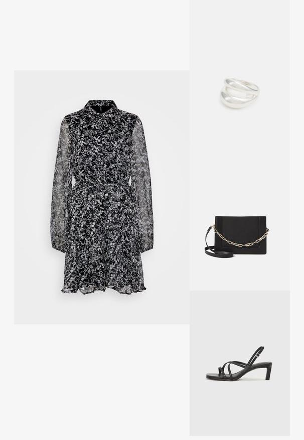 Crna cvjetna haljina s ovratnikom, dugim prozirnim rukavima i definiranim strukom. Sadrži bijele cvjetne uzorke po cijeloj haljini i volanasti rub.; Crne sandale s trakama, kvadratnim prstom i niskom blok petom. Ima više tankih trakica i podesivu trakicu oko gležnja. Izrađene su od glatke kože.; Crna kožna torba preko tijela s glatkom teksturom, pravokutnim oblikom i metalnim lancem na prednjoj strani. Uključena je podesiva naramenica.; Srebrna dvostruka prsten s glatkom, poliranom površinom. Karakterizira ga fluidan, zakrivljen dizajn s preklapajućim sekcijama za moderan izgled.