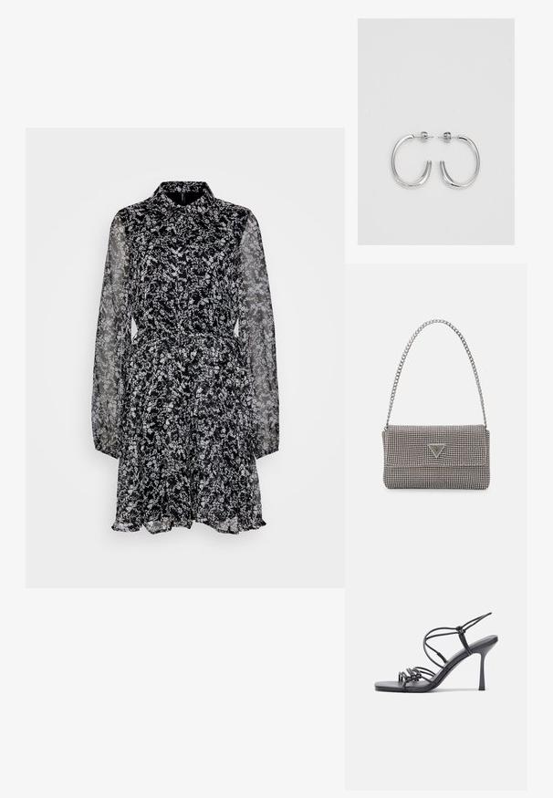 Čierne kvetinové šaty s golierom, dlhými priesvitnými rukávmi a výrazným pásom. Obsahujú biele kvetinové vzory po celom obvode a volánový lem.; Čierne sandále na vysokom podpätku majú tenké remienky s uzlovým dizajnom, hladký štvorcový špičku a elegantný stiletto podpätok.; Svetlošedá metalická kabelka s reťazovým popruhom, ozdobená malými kruhovými kovovými štítkami a trojuholníkovým logom značky.; Strieborné kruhové náušnice s hladkým a lesklým povrchom. Okrúhly tvar, ľahký dizajn, s uzáverom na kolík.