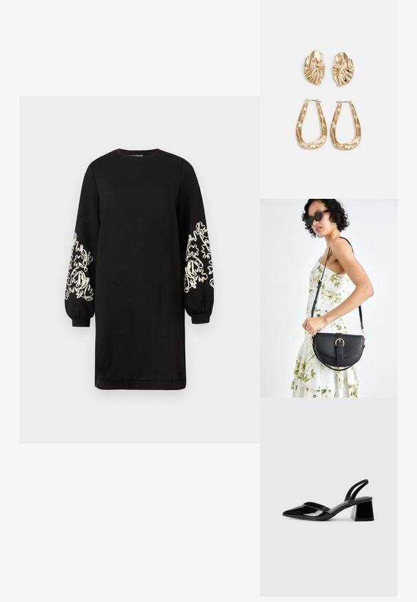 Rochie neagră cu mâneci lungi, decolteu rotund, cu mâneci ușor bufante și broderie abstractă albă cu flori pe partea inferioară a mânecilor.; Pantofi cu toc slingback din piele lacuită neagră, cu vârf ascuțit și toc geometric. Prezintă un design elegant, minimalist și o textură netedă.; Geantă din piele neagră, cu o formă curbată, curea detașabilă și accesorii aurii. Geanta are un capac cu un detaliu tip cataramă.; Cercei aurii cu forme texturate și ondulate. Include studs sculpturale cu clip și un design de cerc deschis cu un finisaj cioplit.