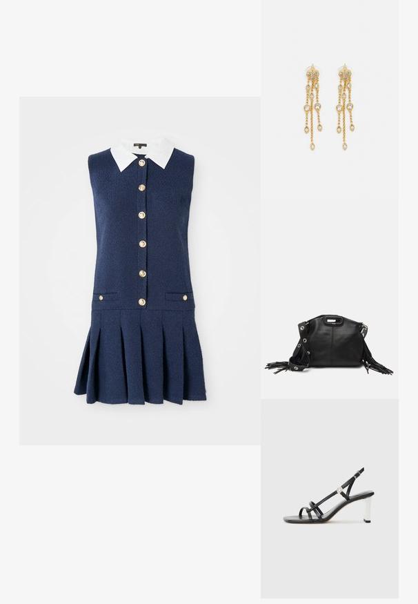 Laivastonsininen hihaton mekko, jossa on valkoinen kaulus. Mekossa on nappikiinnitys, kaksi sivutaskua ja laskostettu hameosa. Teksturoitu kangas.; Musta korolliset sandaalit, joissa on useita kapeita hihnoja, slingsback-muotoilu ja hopeinen yksityiskohta kantapään kohdalla. Sileä päällismateriaali ja neliömäinen korko.; Maje MISS MINI - Olkalaukku - noir; Kultaketjua roikkuvat korvakorut, joissa on useita putoavia ketjuja, ja selkeitä ovaaleja rhinestone-akselteja sekä koristeelliset niittitoppaukset.
