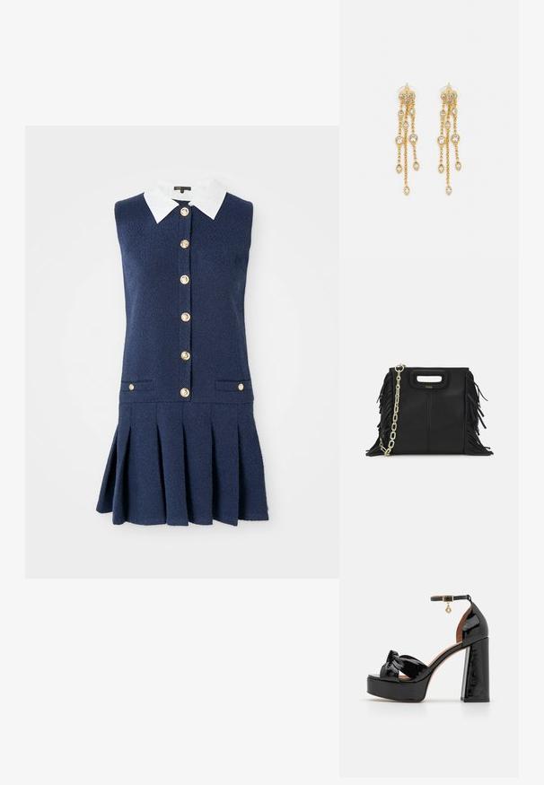 Jūras zila bezpāļu kleita ar baltu apkakli, ar pogām priekšpusē, divām sānu kabatām un plisētu svārku dizainu. Tekstūrēts audums.; Maje Augstpapēžu sandales - noir; Melna ādas rokassoma ar frizūras detaļām, zelta ķēdes plecu siksnu un izgrieztu rokturi. Ir logotipa novietojums priekšpusē.; Zelta tonī auskari ar vairākiem kaskādes ķēdēm, kas rotāti ar caurspīdīgiem ovāliem rhinestone akcentiem un dekoratīvām pīrsingiem.