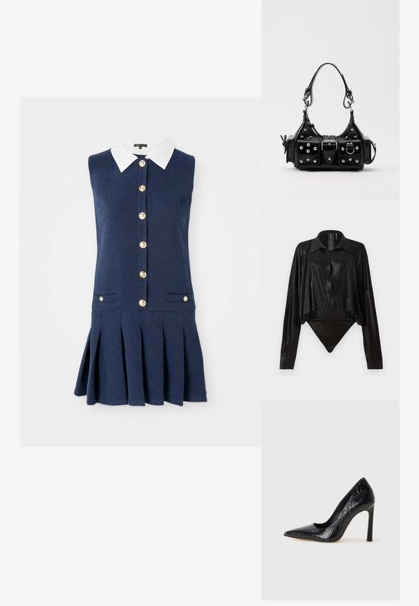 Tengerész kék, ujjatlan ruha fehér gallérral, gombos elöl, két oldalsó zsebbel és rakott szoknya dizájnnal. Texturált anyag.; Fekete egyrészes ruházat hosszú ujjakkal, V-kivágással és testhez simuló fazonnal. Fényes, sima anyagból készült, strukturált gallérral és mandzsettákkal.; Fekete hegyes orrú magassarkú cipő krokodilbőr textúrával, letisztult dizájnnal, magas tűsarkú és sima fekete belső résszel.; Fekete bőr kézitáska ívelt designnal, ezüst szegecsekkel, csattal és két oldalsó zsebbel. Állítható vállpánt a hordozási lehetőségekhez.