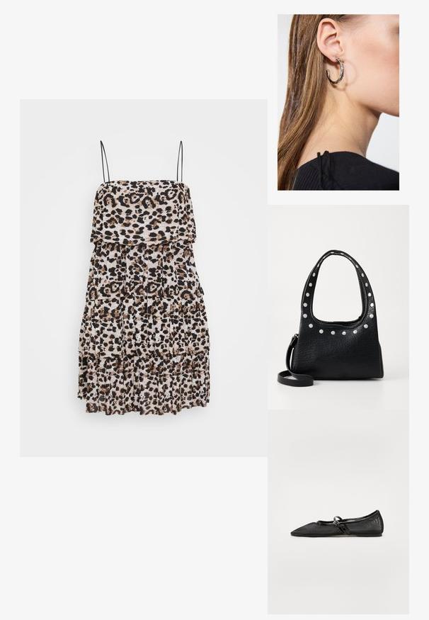 Φόρεμα με λεοπάρ σχέδιο και επίπεδες ρίγες, με μαύρες και καφετί κηλίδες σε ανοιχτό φόντο. Σχεδιασμένο με ρυθμιζόμενες τιράντες.; Μαύρο επίπεδο παπούτσι με μυτερή μύτη, επάνω μέρος από διχτυωτό υλικό και γυαλιστερές δερμάτινες λεπτομέρειες. Διαθέτει μια λεπτή λωρίδα με κυκλική μεταλλική διακόσμηση.; Μαύρη δερμάτινη τσάντα με υφή, διακοσμημένη με ασημί στρας κατά μήκος της επάνω ακμής και των χειρολαβών. Διαθέτει κοντή λαβή και αποσπώμενο λουρί.; Ασημένιο σκουλαρίκι κρίκος με γυαλιστερή φινίρισμα, που διαθέτει μικρές χρυσές λεπτομέρειες και στρογγυλό σχήμα, φορεμένο στον λοβό.