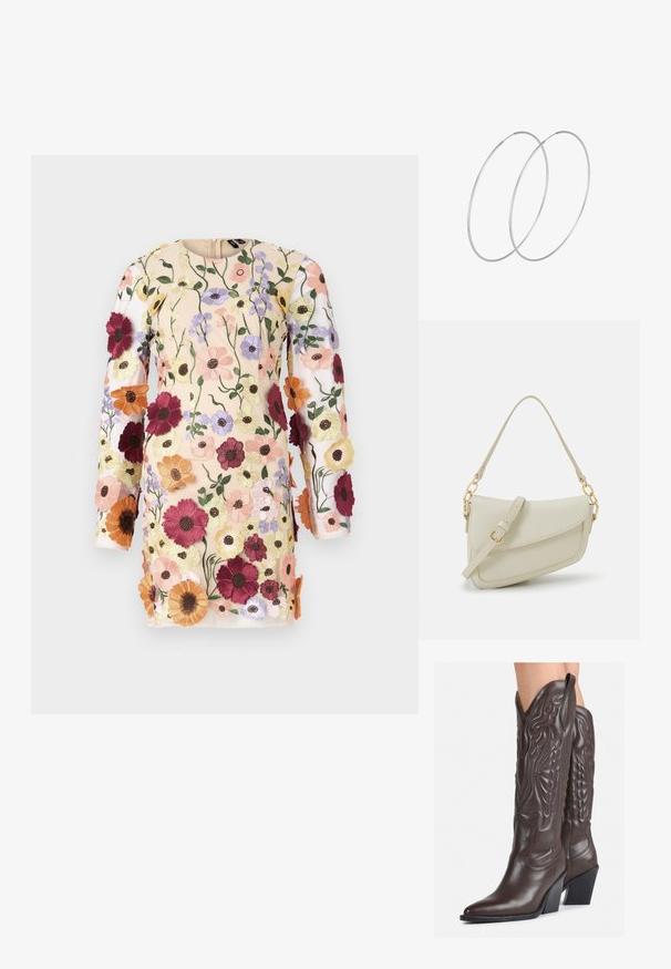 Vyšívané šaty s dlhými rukávmi, s kvetinovým vzorom v odtieňoch ružovej, červenej a levandulovej na nude pozadí. Zips na zadnej strane.; Hnedé kožené kovbojské topánky s špicatou špičkou a blokovým podrážkou, so zložitým prešívaním a vyvýšenými akcentmi na puzdre.; Malá krémová kabelka s textúrovaným povrchom, dlhým nastaviteľným popruhom, reťazovým detailom a klopovým uzáverom. Zlaté kovové prvky.; Strieborné kruhové náušnice s minimalistickým dizajnom. Cirkulárny tvar, hladký povrch a tenký profil. Ľahké s lesklým povrchom.