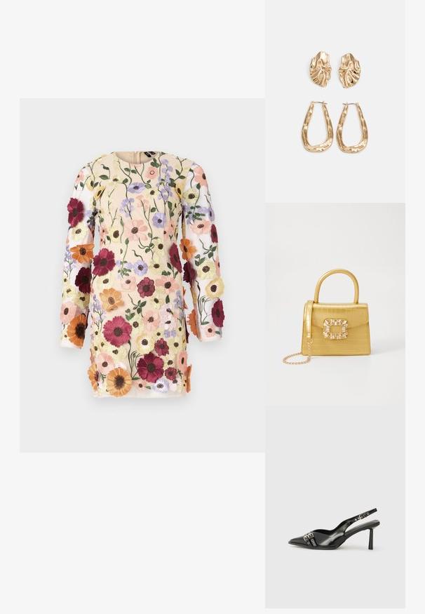 Hímzett ruha hosszú ujjakkal, virágmintával rózsaszín, piros és levendula árnyalatokban meztelen háttéren. Hátul cipzáras záródás.; Fekete lakk bőr, hegyes orrú slingback cipő, boka pántokkal, ezüst csatokkal és hardverelemekkel, valamint karcsú sarkú.; Sárga műbőr krokodil mintás kézitáska strukturált kialakítással, felső fogantyúval, leválasztható lánccal és díszes kristály díszítéssel a záron.; Aranyszínű fülbevalók, texturált, hullámos formákkal. Tartalmazza a szobrászati klipszes studokat és az open hoop kialakítást, kalapácsos felülettel.