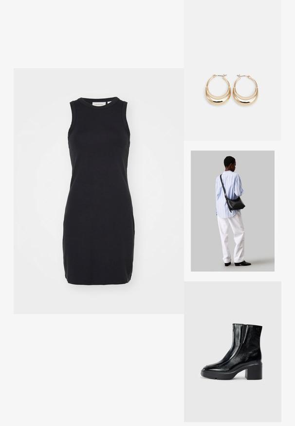 Μαύρο μίνι φόρεμα χωρίς μανίκια, φτιαγμένο από λεία, ελαστική ύλη. Διαθέτει στρογγυλή λαιμόκοψη και εφαρμοστή γραμμή, με στρίφωμα που καταλήγει πάνω από το γόνατο.; Μαύρες πατενταρισμένες δερμάτινες μπότες στον αστράγαλο με καμπυλωτή μύτη, ελαστικές πλαϊνές πινακίδες και χοντρό μπλοκ τακούνι. Διαθέτουν ανάγλυφο λογότυπο στο πίσω μέρος.; Μαύρη δερμάτινη τσάντα ώμου με απαλή υφή, τριγωνικό σχήμα και ρυθμιζόμενο λουρί, συνδυασμένη με ένα ανοιχτό μπλε ριγέ πουκάμισο και λευκό παντελόνι.; Χρυσές σκουλαρίκια σε σχήμα μισοφέγγαρου, με γυαλιστερή επιφάνεια και κλείσιμο με μεντεσέ. Η λεία υφή και η ανακλαστική φινίρισμα ενισχύουν την ορατότητα.