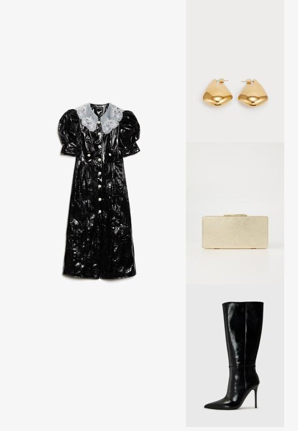 Svart, glansfull lakkskinnkjole med pufferm, en hvit brodert krage, og store dekorative knapper nedover foran.; Sorte skinnkne-høye støvler med spiss tå og høye stiletthæler. Glatt tekstur og elegant design, med minimal detaljering.; Gull clutch-veske med en jevn metallisk finish, rektangulær form og en enkel lås. Ingen synlige mønstre eller dekorasjoner.; Øreringer i gulltone laget av metall, med en glatt, avrundet trikantform og stift-bakdesign; reflekterende overflate med minimal detaljer.