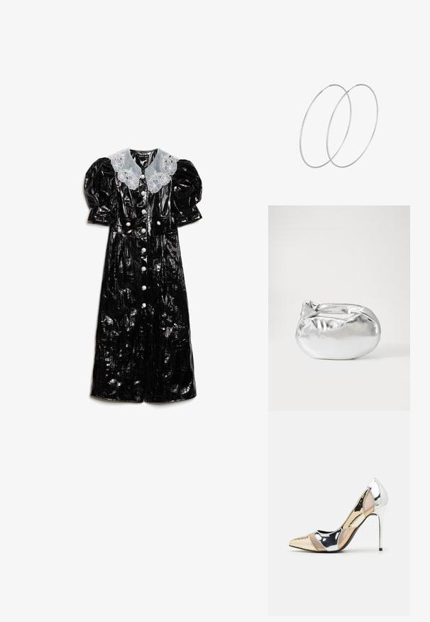 Melna, spīdīga laku ādas kleita ar pūķu piedurknēm, baltu izšūtu apkakli un lieliem dekoratīviem pogām priekšpusē.; Apspīlēta augstpapēžu kurpe ar zeltītu, sudrabi un neitrālu krāsu kombināciju. Spīguļojoša virsma ar izgriezuma dizainu, aprīkota ar stiletto papēdi.; Sudraba metāliska poga somiņa ar mīkstu, noapaļotu formu un mezgla augšējo aizdari. Izgatavota no gludas mākslīgās ādas materiāla.; Sudraba gredzenveida auskari ar minimālistisku dizainu. Cirkulāra forma, gluda tekstūra un plāns profils. Vieglu svaru ar spīdīgu apdari.