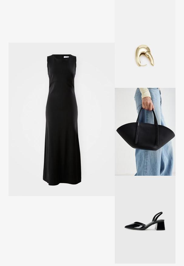 Juoda be rankovių maksi suknelė, pagaminta iš lygaus audinio, su apvaliu iškirpimu ir tiesia siluetu, baigiasi iki grindų.; Juodos lakuotos odinės šlepetės su smailiu pirštu ir geometriniu bloko kulnu. Turi elegantišką, minimalistinį dizainą ir lygų paviršių.; Juodas odinis rankinis uždangalas unikaliu ventiliatoriaus formos dizainu, turintis plokščias rankenas. Paviršius turi akmeninė tekstūrą ir minimalistišką dizainą.; Aukso tono metalinės auskarai su stilingu, kreiviu dizainu. Išsiskiria ryškiu smailiu pavidalu, poliruota paviršiumi ir užsegimu su vyriu.