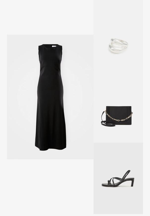 Must tsita ilma varrukat, tehtud siledast kangast, mis on varustatud ümmarguse kaelusega ja sirge siluetiga, millel on põrandani ulatuv äär.; Mustast rihmajalatsid ruudukujulise varba ja madala ploki kontsaga. Omab mitmeid õhukesi rihmasid ja reguleeritavat pahkluu rihma. Valmistatud siledast nahast.; Mustast nahast õlakott, mis omab siledat tekstuuri, ristküliku kuju ning esiküljel metallketi detaili. Reguleeritav rihm on kaasas.; Hõbedane kahekordne rõngas sujuva, poleeritud pinnaga. Omab voolavat, kõverat disaini, millel on kattuvad sektsioonid, et saavutada kaasaegne ilme.