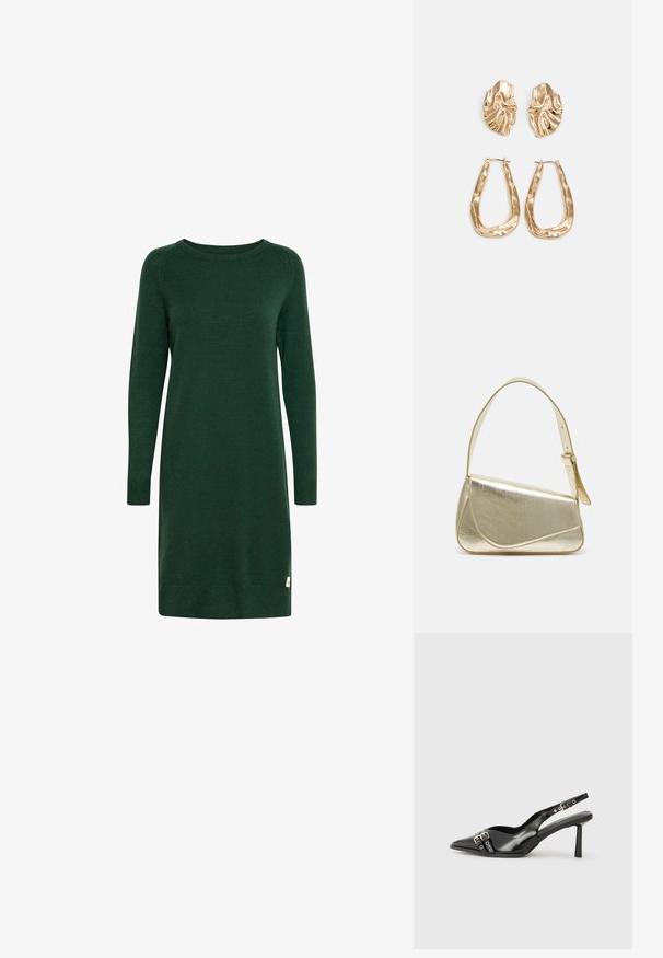 Zielona dzianinowa sukienka z długimi rękawami, okrągłym dekoltem i ściągaczami. Posiada małą metkę z logo blisko dołu.; Czarne lakierowane buty typu slingback z ostrym noskiem, paskami na kostkach z srebrnymi klamrami i elementami metalowymi oraz smukłym obcasem.; Złota metaliczna torebka o strukturalnym designie, gładkiej powierzchni i regulowanym pasku. Charakteryzuje się unikalnym trójkątnym kształtem i minimalistycznym przeszyciem.; Złote kolczyki w odcieniu, prezentujące teksturowane, faliste kształty. Zawierają rzeźbiarskie klipsy i otwarty projekt kółek z młotkowanym wykończeniem.