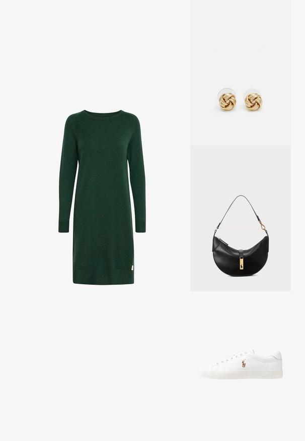 Vihreä neulemekko pitkillä hihoilla, pyöreällä kaula-aukolla ja ribbireunuksilla. Mukana pieni logotunnus helmassa.; Valkoiset nahkakengät, matala malli, jossa on sileä pinta, pyöreä kärki, nauhakiinnitys edessä ja pieni brodeerattu logo sivulla.; Musta nahkalaukku puolikuun muotoisena. Varustettu kultaisilla yksityiskohdilla ja kapealla hihnalla. Tasainen pinta, vetoketjukiinnitys ylhäällä.; Kultaketjut korvakorut, joissa on kierretystä muotoilusta valmistettu solmu. Jokaisessa korvassa on pyöreä, kirkas tausta varman käyttömukavuuden takaamiseksi.