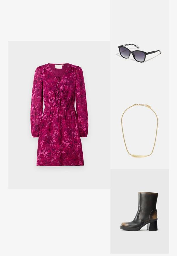 Rochie fucsia cu mâneci lungi și puffate și decolteu adânc în formă de V. Are o talie strânsă și un model floral pe toată suprafața în nuanțe mai închise.; Botină neagră din piele cu un finisaj lucios, vârf rotund, accente de tan contrastante, toc block și detaliu cu fermoar pe lateral.; Ochelari de soare negri cu lentile degradate, formă pătrată și un templu cu un model texturat alb-negru. Prezintă un accent cu logo argintiu.; Colier placat cu aur, cu un accent central neted și curbat. Dispune de o chaină flexibilă cu un închizător tip homar și link-uri suplimentare ajustabile.