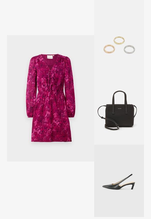 Fuksijasta obleka z dolgimi, napihnjenimi rokavi in globokim V-izrezom. Ima zategnjen pas in celotno cvetlično zasnovo v temnejših odtenkih.; Črne čevlje s koničastimi nosovi in slingback obliko z nizko peto, izdelane iz gladke usnjene materiale ter s črtasto zasnovo na strani za prezračevanje.; Črna torbica z dvema kratkima ročajema in odstranljivim naramnim trakom. Gladek usnju podoben material z zadrgo in podrobnostmi z logotipom.; Trije kovinski prstani: eden rožnato zlati, eden zlat z teksturiranimi detajli in eden srebrn, vsi z vgraviranim logotipom na notranji strani.