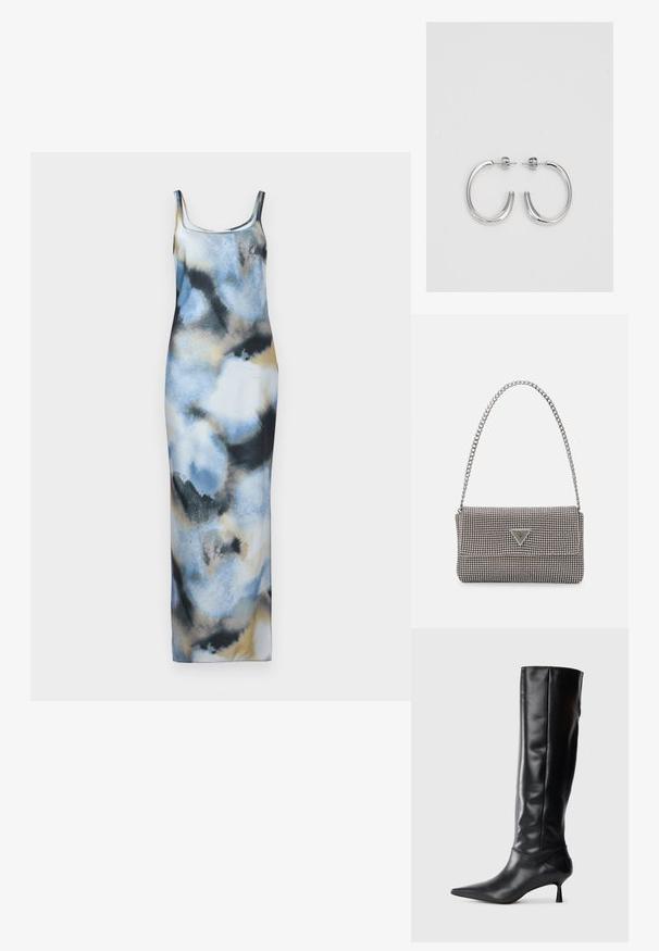 Maxi kleit kergest kangast, millel on akvarellmustris sinise, musta ja beeži tooni. Sellel on kehaümbris ja spagetihällid.; Must musta kõrge saabas terava ninaga ja sihvakate kaartega kontsadega. Sile tekstuur, keha vastav disain ja nähtava riistvarata või mustriteta.; Helehall metallik handbags, millel on kett, kaunistatud väikeste ümmarguste metallist õmblustega ja kolmnurkse brändi logoga.; Hõbedased rõngaskõrvarõngad, millel on sile ja läikiv pind. Ümar kuju, kerge disain, millel on post-tagumise kinnituse süsteem.