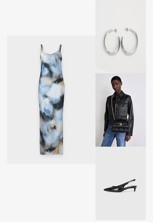 Maksidresss no viegla auduma, kas rotāts ar akvareļu rakstu zilos, melnos un bēšos toņos. Tam ir pieguļoša forma un šauras lences.; Melnas ādas slingback zābaki ar smailu purngalu, ar šauru papēdi un zelta krāsas akcentu uz regulējama siksniņas. Gluda tekstūra.; Melnas ādas jaka ar pogu aizdari un divām priekšējām kabatām, kopā ar melnu pufīgu rokassomu ar zelta sprādzi un ķēdes siksnu.; Sudraba riņķveida auskari ar gludu, izliekta dizaina formu. Iezīmējas ar spīdīgu metāla apdari un pievienojamu aizdari. Nav redzamu rakstu vai akcentu.