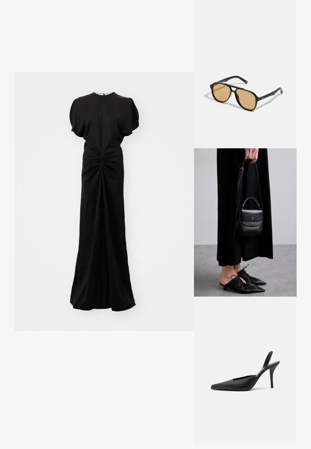 Juodas ilgas iki žemės suknelė su trumpomis pūstomis rankovėmis, raukšlėmis juosmenyje ir lygiu, plazdančiu audiniu. Paslėptas užtrauktukas nugaros pusėje.; Juodos kulninės bateliai su atviru kulnu, smailiu nosiu, pagaminti iš lygaus odos medžiagos ir turintys elegantišką, minimalistinį dizainą. Aukštas stiletto kulnas.; Juodi saulės akiniai su rudais lęšiais; stačiakampio formos, su storu rėmu, įskaitant subtilias detales ant šventyklų.; Maža juoda odinė rankinė su apvalia forma, viršutine rankena ir nuimama dirželiu. Nešiojama su juoda audinio suknele ir juodais klostuotais bateliais.