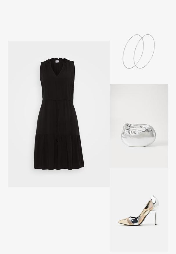 Crna haljina bez rukava s V-izrezom, nabranu vratnom izrezom, pojasom s užetom i slojevitom suknjom. Izrađena od laganog materijala za udobnost.; Cipele s visokom potpeticom i špicastim vrhom u srebrnoj, zlatnoj i nude boji. Sjajan finiš s izrezbarenim dizajnom, s potpeticom u obliku stiletto.; Srebrna metalik torbica s mekim, zaobljenim oblikom i čvorastim zatvaranjem na vrhu. Izrađena od glatke sintetičke kože.; Srebrne okrugle naušnice s minimalističkim dizajnom. Kružni oblik, glatka tekstura i tanak profil. Lagane s poliranim završetkom.
