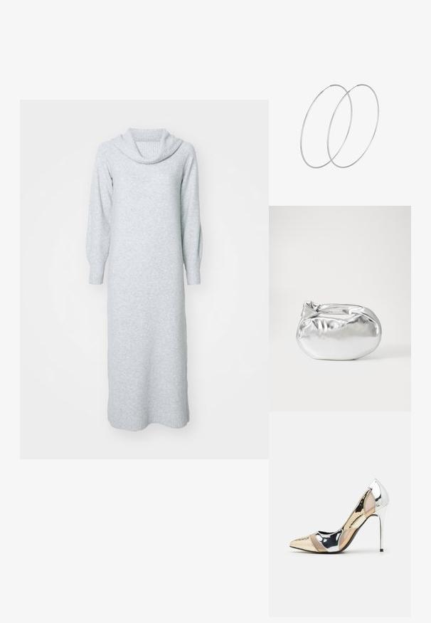 Svetlo siva pletena obleka z vratnim izrezom, dolgimi rokavi in rebrastimi manšetami. Dolga, ravna silhueta z mehkimi teksturami.; Čevlji z visoko peto in konico, v barvni kombinaciji srebrne, zlate in nude. Sijajna obdelava z izrezljanim dizajnom, z igličasto peto.; Srebrna kovinska torbica z mehko, zaobljeno obliko in zavezano zgornjo zaporo. Narejena iz gladkega umetnega usnja.; Srebrne uhane v obliki obroča z minimalističnim dizajnom. Krožna oblika, gladka tekstura in tanek profil. Lahki s poliranim zaključkom.