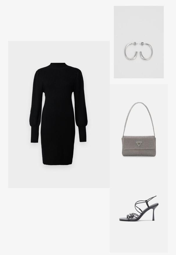 Črna pletena obleka z visokim ovratnikom, rebrasto teksturo, dolgimi balonskimi rokavi in prilegajočo silhueto, ki sega do sredine stegna.; Črne visoke sandale na peto imajo tanke naramnice z vozlom, gladek kvadratni toe in eleganten stiletto peto.; Svetlo siva kovinska torbica z verižnim ročajem, okrašena z majhnimi okroglimi kovinskimi bleščicami in trikotnim logotipom blagovne znamke.; Srebrne obročaste uhane z gladko, sijočo površino. Zaobljena oblika, lahka zasnova, z zapiranjem na zatič.