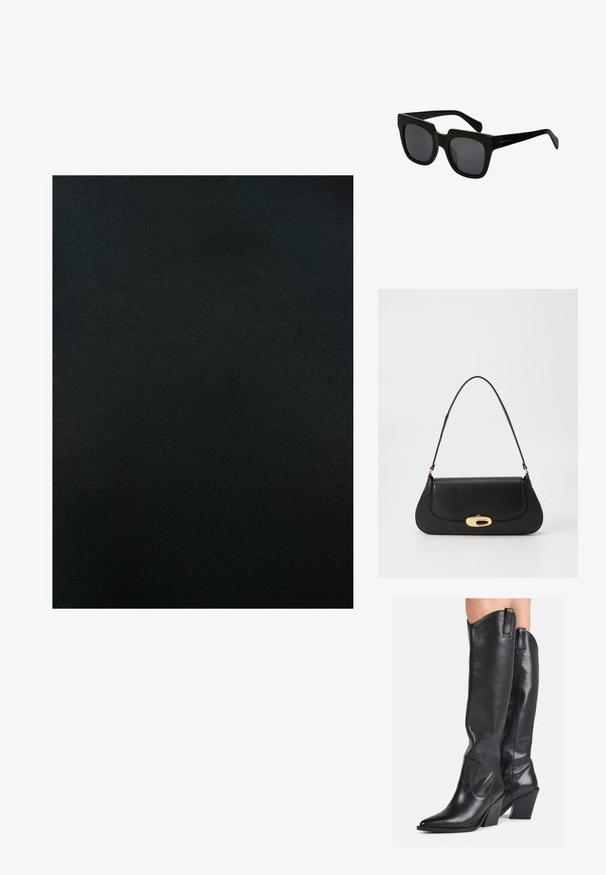 Fekete szövet sima, matt textúrával, egyenletes színnel és minimális fényességgel. Nincsenek minták vagy díszítő részletek.; Fekete bőrcipő, térdig érő, hegyes orral, ívelt szárral és masszív sarokkal. Simás textúrával rendelkezik, és a tetején húzófülek találhatók.; Fekete téglalap alakú napszemüveg vastag műanyag kerettel és sötét lencsékkel. A szárak letisztultak, fényes felületűek és minimális márkázással rendelkeznek.; Fekete bőr táska ívelt kialakítással, arany színű fémrészletekkel és felső fogantyúval. Csúszásmentes záródás és sima textúra jellemzi.