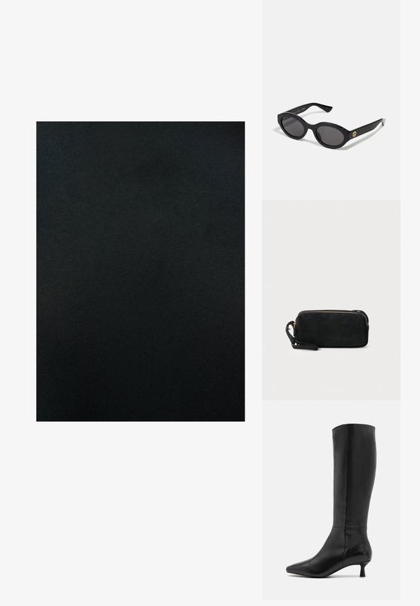 Črn material z gladko, mat teksturo, ki ima dosledno barvo in minimalen sijaj. Brez vzorcev ali dekorativnih detajlov.; Zign Škornji - black; Črne ovalne sončna očala s temnimi lečami in sijočim plastičnim okvirjem. Imajo zlat logo na robu, kar ponuja eleganten in sodoben oblikovalski pristop.; Črna semiš torbica z zadrgo in odstranljivim zapestnim trakom. Ima zlate kovinske dodatke in gladko, mat površino.