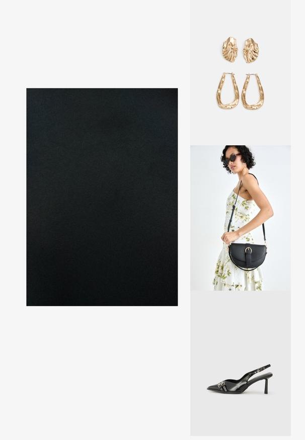 Must sujuv materjal, millel on ühtlane värv ja minimaalne sära. Mustus on ilma mustriteta või dekoratiivsete detailideta.; Must musta nahk kingad sanga ja terava ninaga, ankle strapidega, millel on hõbedased pandlad ja riistvara ning õhuke konts.; Mustmust mustraha kõverate joontega, eemaldatava rihmaga ja kuldsete detailidega. Kotil on klapp, millel on pandladetail.; Kuldse värvi kõrvarõngad, mis on kaunistatud tekstuursete ja laineliste kujunditega. Komplektis on skulpturaalsed klamber kõrvarõngad ja avatud rõngasdisain, millel on lõhestatud viimistlus.