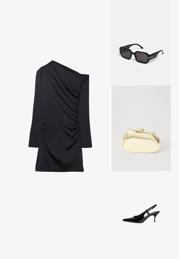 Črna obleka z enostranskim dizajnom, dolgim rokavom in nabranim videzom na strani. Narejena iz mehkega, raztegljivega materiala.; Črne patentne usnjene slingback čevlje s koničastim nosom, odprtimi stranskimi izrezi, ozkim petam in nastavljivim gležnjava.; Črne osemkotne sončne očala z temnimi lečami. Imajo eleganten, sijoč okvir. Tanke zlate poudarke na sprednji strani in straneh dopolnjujejo dizajn.; Metalna zlata torbica z gladko, zaobljeno obliko, opremljena z zgornjim gumbom in majhnim verižnim ročajem za nošenje.