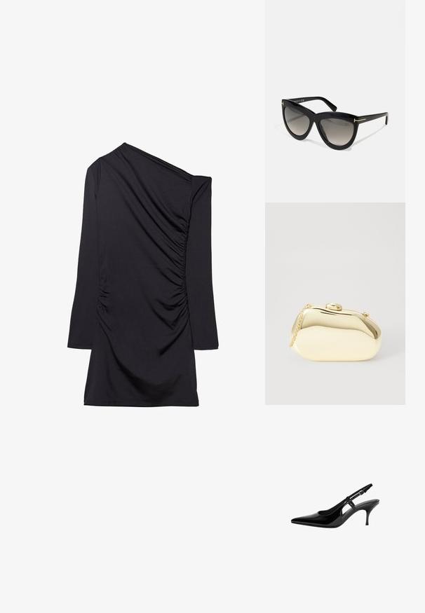 Crna haljina s dizajnom na jedno rame, dugim rukavom i nabranom teksturom s bočne strane. Izrađena od mekog, rastezljivog materijala.; Crne lakirane kožne sandale sa otvorenom petom, špicastim prstom, otvorima sa strane, tankom potpeticom i podesivom trakom oko članaka.; Tom Ford DORIS - Sunčane naočale - shiny black/gradient smoke; Metalni zlatni clutch s glatkim, zaobljenim oblikom, s gornjim kopčom na dugme i malim lancem za nošenje.