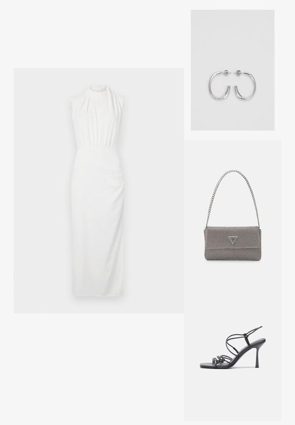 Valkoinen hihaton mekko korkealla kaula-aukolla, koottu vyötärö ja lattiaan ulottuva hame; sileä kangas, jossa on hienovaraista laskostusta ja tekstuuridetaileja.; Mustat korkokengät sandaalit, joissa on ohuet hihnat solmittuna, sileä neliön muotoinen varvasosa ja tyylikäs stiletto-korko.; Vaalea harmaa metallinen käsilaukku, jossa on ketjusanka. Laukku on koristeltu pienillä pyöreillä metallikoruilla ja kolmion muotoisella brändilogolla.; Hopehopeet hopehopeet hopehopeet hopehopeet, jolla on sileä, kiiltävä pinta. Pyöreä muoto, kevyt rakenne, jossa on neulakiinnitys.
