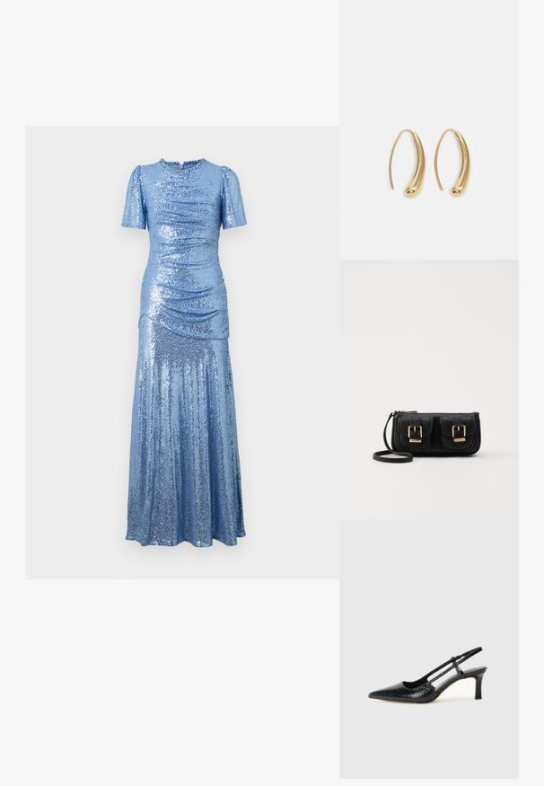 eleganta zilā kleita ar spīdumiem, pieguļošu augšdaļu, īsām pūkainām piedurknēm un plūstošu svārku. Satur rūkojumus sānos, lai pievienotu tekstūru.; Melna patent āda ar slīdošo papēdi un smailo purngalu, ar teksturētu čūsku drukājumu, regulējamu siksniņu un īsu teksturētu blokpapēdi.; Melnas ādas crossbody soma ar divām priekšējām kabatām, zelta sprādzēm, ar rāvējslēdzēju aizdari un šauru siksnu. Strukturēta virsma un kompakta taisnstūra forma.; Zelta toņu metāla gredzena auskari ar izliektu, pagarinātu formu. Ar gludu, spīdīgu virsma un noapaļotu galu papildu detaļām.