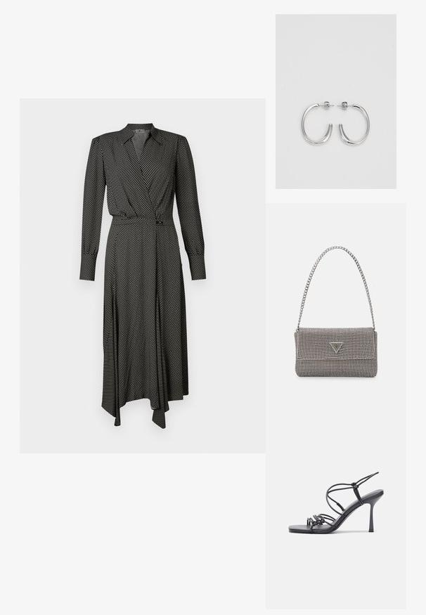 Vestido de bolinhas em preto e branco com mangas longas, decote com colarinho, design envolvente e silhueta fluida, feito de tecido leve.; As sandálias de salto alto pretas apresentam tiras finas com um design em nó, uma biqueira quadrada lisa e um elegante salto agulha.; Bolsa metálica cinza claro com uma alça de corrente, adornada com pequenos rebites metálicos circulares e um logótipo triangular da marca.; Brincos de argola prateados com um acabamento suave e brilhante. Forma arredondada, design leve, com fecho de pino.