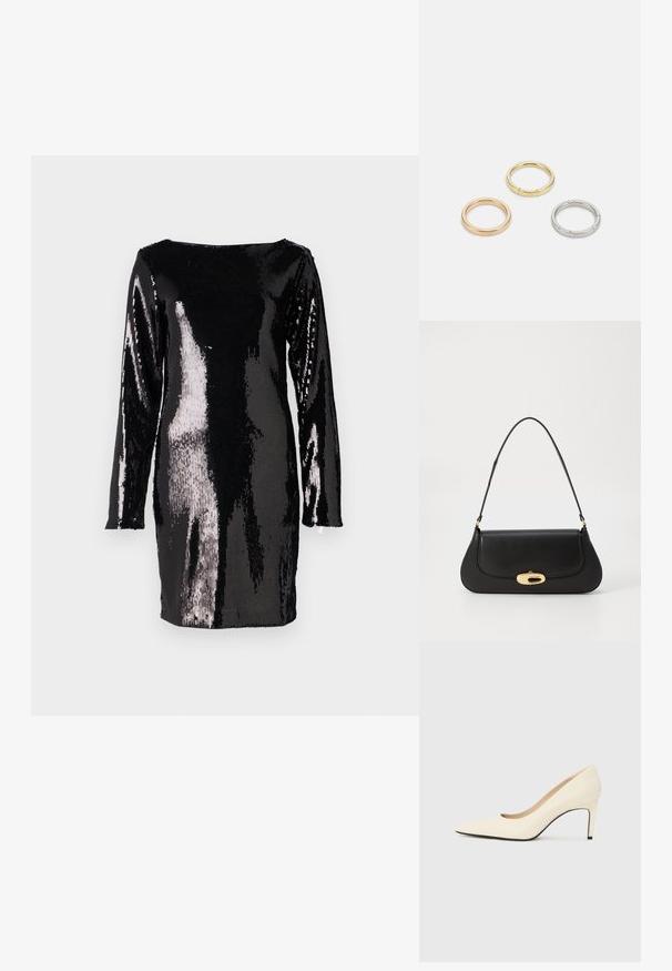 Garais melnais kleita ar garām piedurknēm, kas pārklāta ar lieliem mirdzētājiem, ar kuplinātu kakla izgriezumu un pieguļošu siluetu, atspoguļojot gaismu dažādās krāsās.; Balti ādas augstpapēžu kurpes ar smailu purngalu, gludu tekstūru un melnu zoli. Klasisks dizains ar vidēju papēža augstumu.; Melna ādas rokassoma ar izliekta dizaina elementiem, zelta krāsas detaļām un augšējo rokturi. Iezīmējas ar elegantu aizdari un gludu faktūru.; Trīs metāla gredzeni: viens rozā zeltā, viens zeltā ar teksturētiem akcentiem un viens sudraba, visiem ar iegravētām zīmola atzīmēm iekšējā joslā.