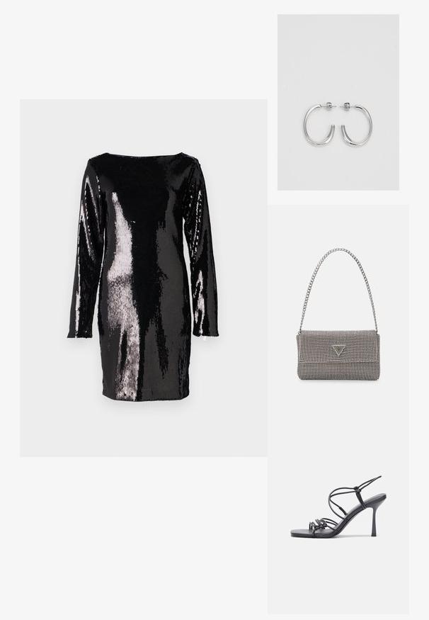 Ilga rankovė juoda suknelė, padengta didelėmis blizgučiais, su plačiu kaklu ir prigludusia siluetu, atspindinti šviesą įvairiais atspalviais.; Juodos aukštakulnės sandalai pasižymi plonyčiais dirželiais su mazgo dizainu, lygiu kvadratiniu pirštu ir elegantišku stiletto kulnu.; Šviesiai pilka metalinė rankinė su grandinėlės dirželiu, papuošta mažais apvaliais metaliniais smeigėmis ir trikampiu prekės ženklu.; Sidabriniai lankelio formos auskarai su lygiu, blizgiu paviršiumi, išlenktos formos ir su užsegimu. Minimalistinio dizaino su moderniu apdaila.