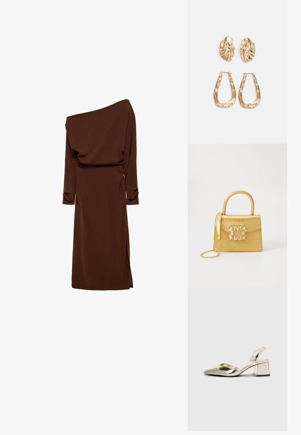 Asymetrické hnedé šaty s dlhými rukávmi, drapériou, bočným rozparkom a štruktúrovaným povrchom. Elegantný strih s voľným strihom.; Zlaté kovové lodičky na podpätku so špicatou špičkou a robustným podpätkom. Hladký povrch, minimalistický dizajn a úzka remienok.; Žltá falošná krokodília kabelka so štruktúrovaným dizajnom, horným držadlom, odnímateľným reťazovým popruhom a dekoratívnym kryštálovým ozdobením na zapínaní.; Náušnice v zlatej farbe s textúrovanými, vlnitými tvarmi. Obsahujú sochárske klipsové náušnice a otvorený tvar krúžku s kladivkovým povrchom.